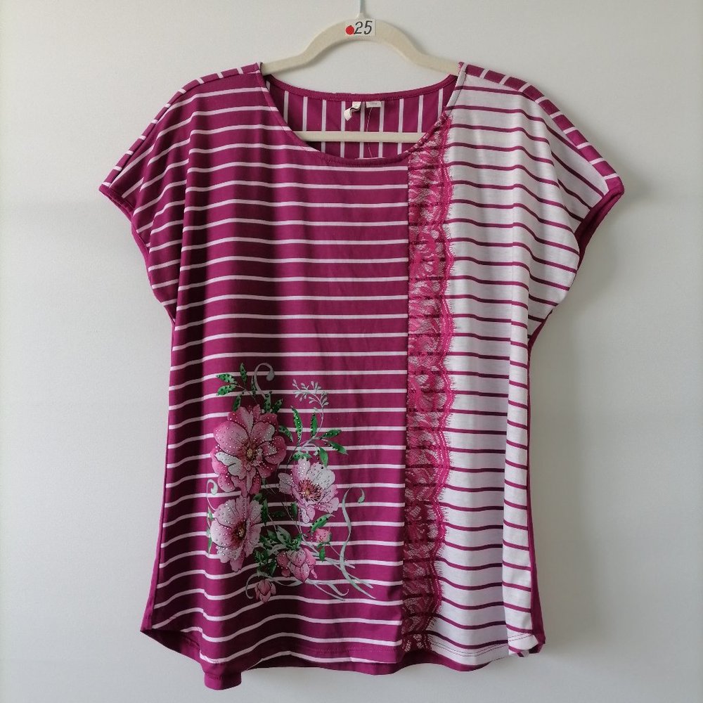J/M Sportswear Womens Pink White Cap Sleeve Striped Floral Blouse Top Size L